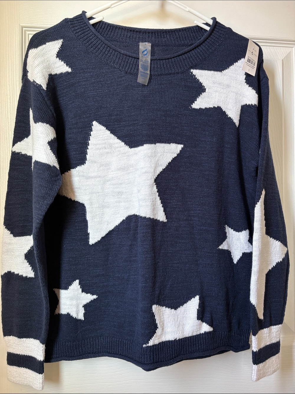 Lou & Grey Linen and Cotton Navy Blue Crewneck Sweater with White Star Pattern
